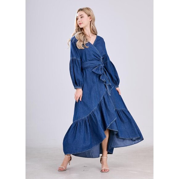 Women's Denim Maxi Dress Cotton Belted V-Neck Ruffle Hem Casual Elegant - Picture 4 of 8